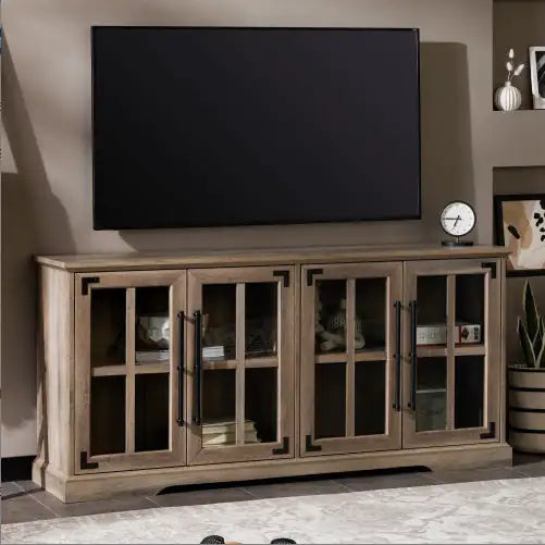 Modern Farmhouse Windowpane Glass-Door TV Stand For TVs Up To- Grey Wash