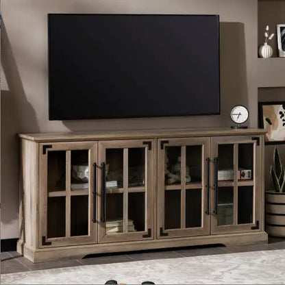 Modern Farmhouse Windowpane Glass-Door TV Stand For TVs Up To- Grey Wash
