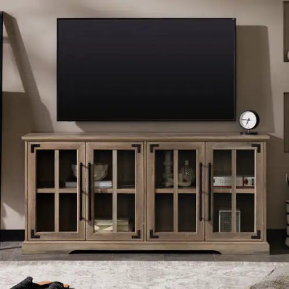 Modern Farmhouse Windowpane Glass-Door TV Stand For TVs Up To- Grey Wash